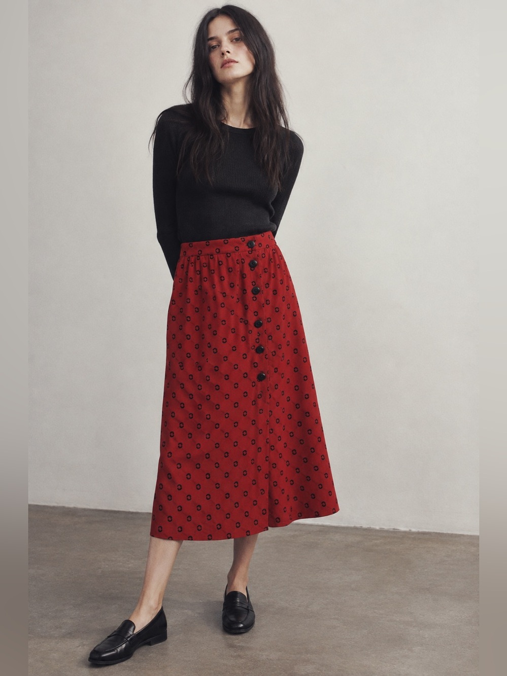 Vintage David Warren Red Button-Front Midi Skirt Size 16 Fits M 8–10